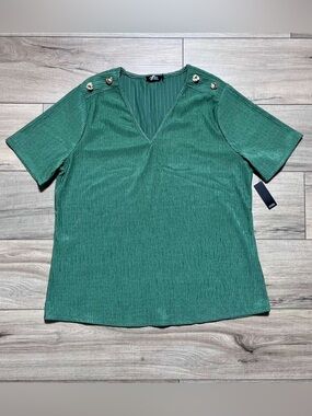 Cure Womens Crinkle Fabric V-Neck Short Sleeve Pullover Top Size‎ XL Green